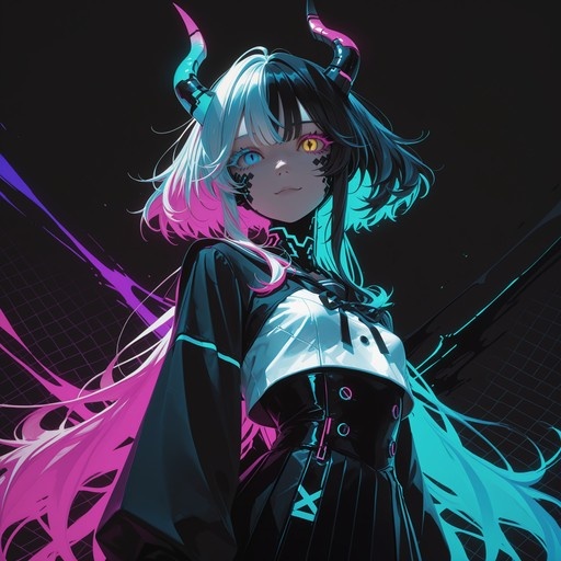 Anime-style portrait of a demon girl with split black and white hair, heterochromia, and curved neon horns wearing a modified school uniform.