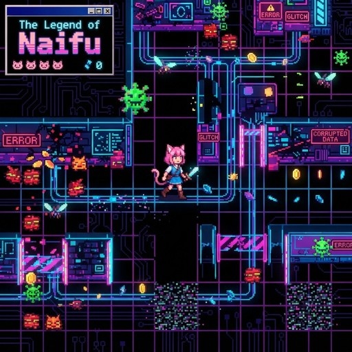 A pixel art image of a pink-haired cat girl holding a sword in a neon grid video game environment with 'The Legend of Naifu' title and glitch effects.