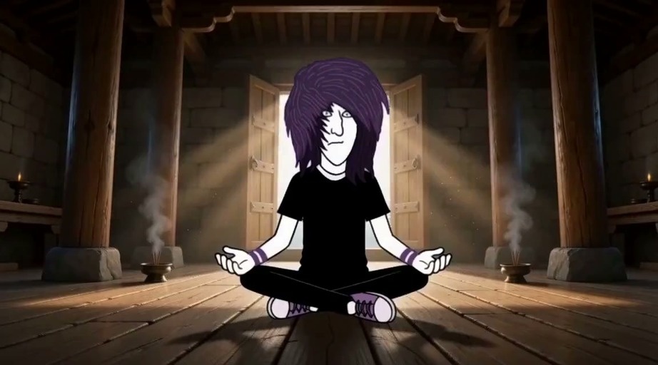 A stylized male character with shaggy purple hair sits cross-legged in meditation inside a wooden temple, surrounded by incense smoke and sunlight.
