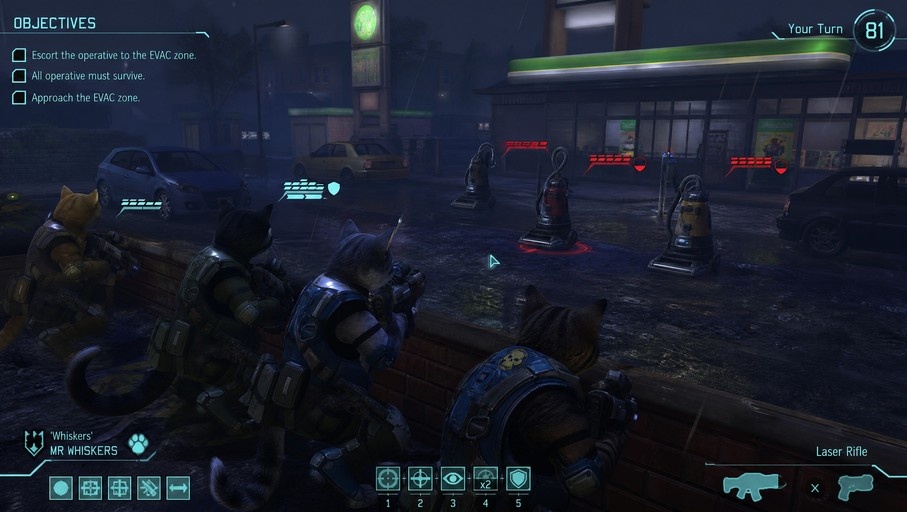 Anthropomorphic cat soldiers in tactical gear crouch behind a wall, aiming at alien Hoover vacuum cleaners on a rainy street with XCOM user interface visible.