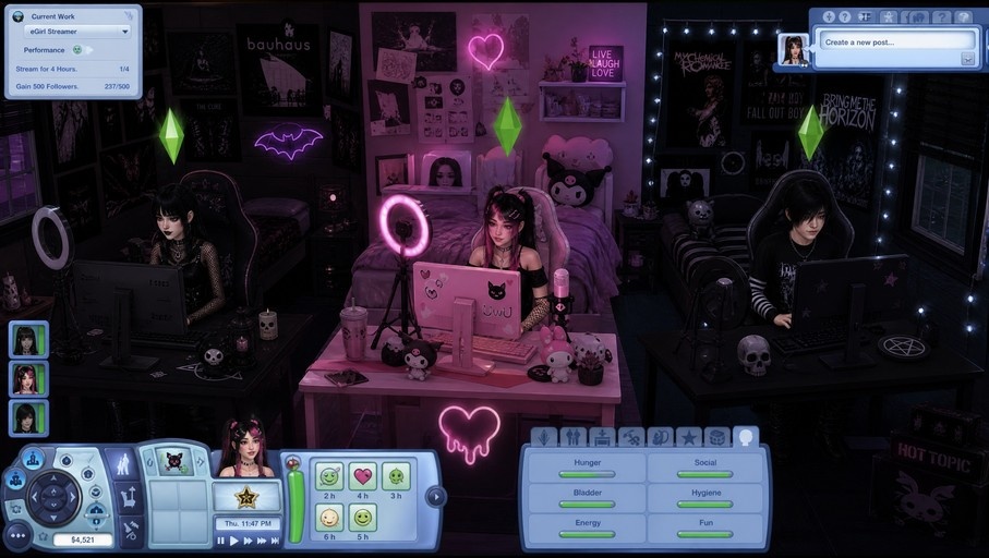 A screenshot of The Sims 3 showing a goth girl, an e-girl with pink hair, and an emo boy streaming from their desks in a bedroom decorated with band posters and neon lights.