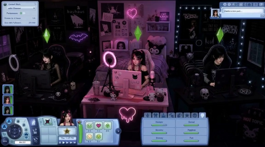 Anthropomorphic cats in military gear breach a Sims bedroom, shooting at three goth streamers before escaping through a window on a giant feather toy.