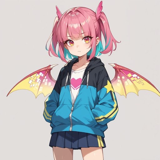 An anime-style dragon girl with pink hair and teal streaks stands with her hands in the pockets of her blue hoodie. She has small horns, colorful eyes, and large yellow wings with a grid pattern.