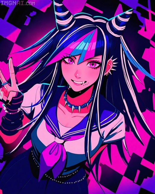 Mioda Ibuki from Danganronpa making a peace sign with her hand, wearing a school uniform and horns against a pink and purple checkered background.
