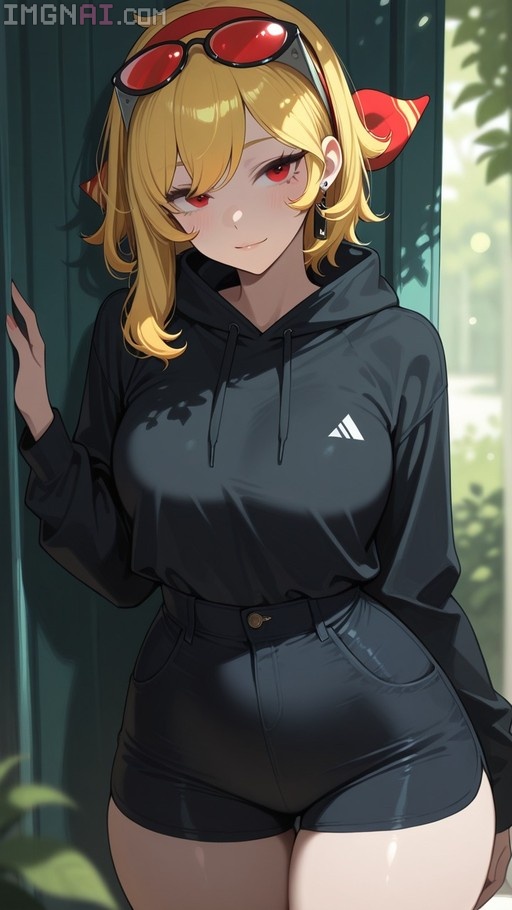 An anime-style illustration of Kaela Kovalskia with blonde hair and red eyes, wearing a black Adidas hoodie, tight black shorts, and red sunglasses perched on her head, smiling at the viewer.