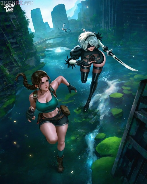 Lara Croft and 2B running through a stream in ruined city.