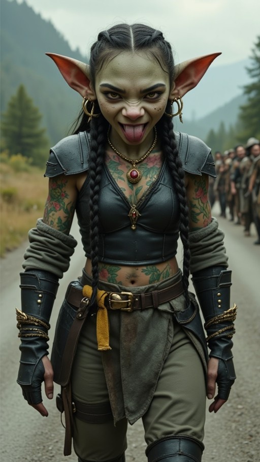 A green-skinned female goblin with large pointed ears and black braided hair sticks out her tongue while wearing leather armor and floral tattoos on a dirt road.