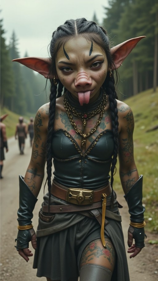 A female goblin with large pointed ears and a pig-like snout sticks her tongue out at the viewer. She has black hair in twin braids, extensive tattoos on her arms and legs, and wears a black leather corset with gold chains and fingerless gloves.