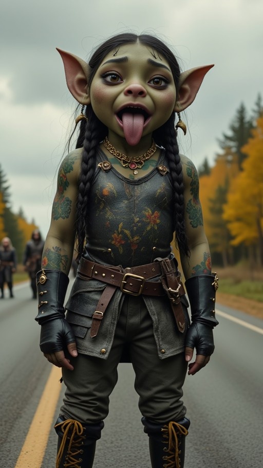 A playful female goblin with green skin and large pointed ears sticks her tongue out while standing on a road lined with autumn trees. She wears a floral tank top, fingerless gloves, and has tattoos on her arms.