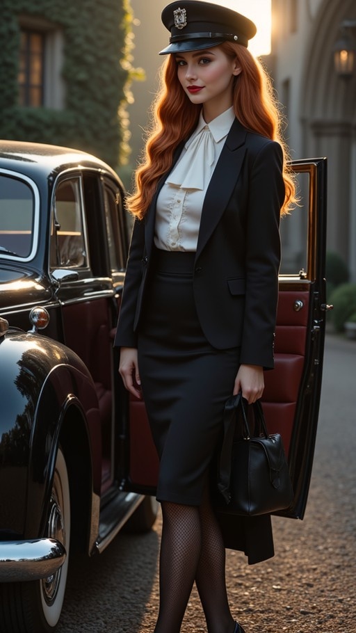 A red-haired woman wearing a police cap, black blazer, and fishnet stockings stands next to an open door of a vintage car holding a handbag.