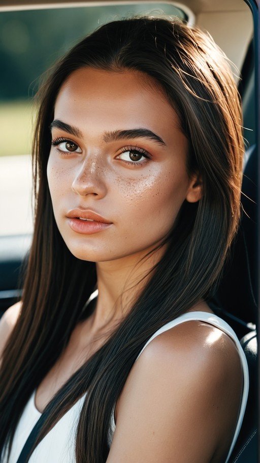 A realistic close-up of a young woman with long dark hair and freckles sitting in a car, wearing a white tank top and looking at the camera.