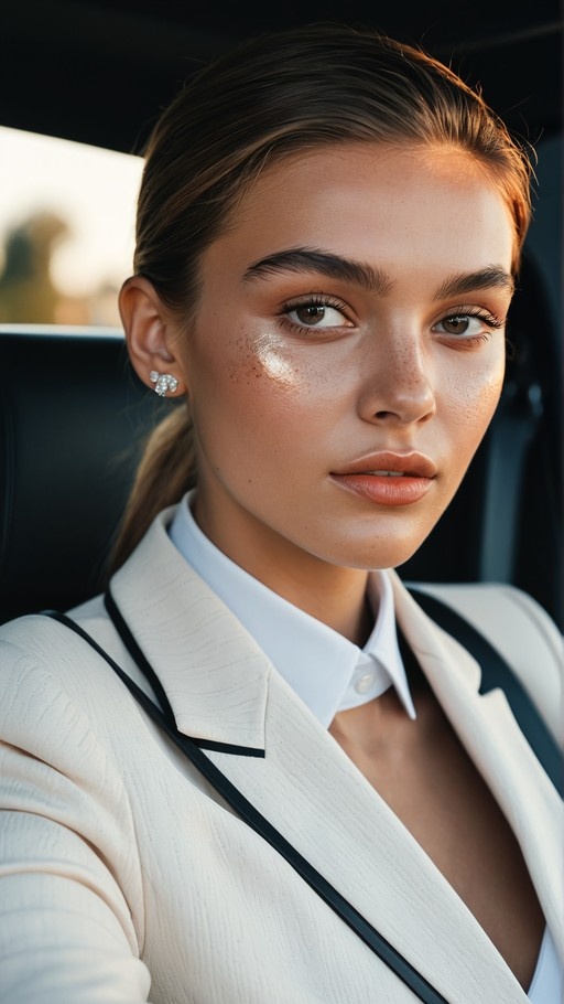 A close-up portrait of a young woman with brown hair and freckles wearing a white blazer with black trim, seated inside a car.