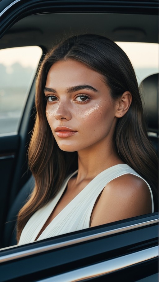 A realistic portrait of a freckled woman with long brown hair wearing a white top, looking out from inside a car.