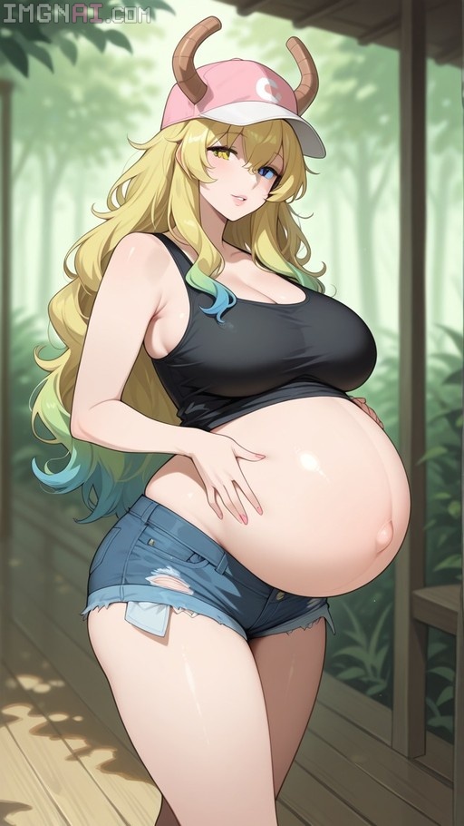 Pregnant Lucoa from Miss Kobayashi's Dragon Maid wearing a pink hat and holding her belly