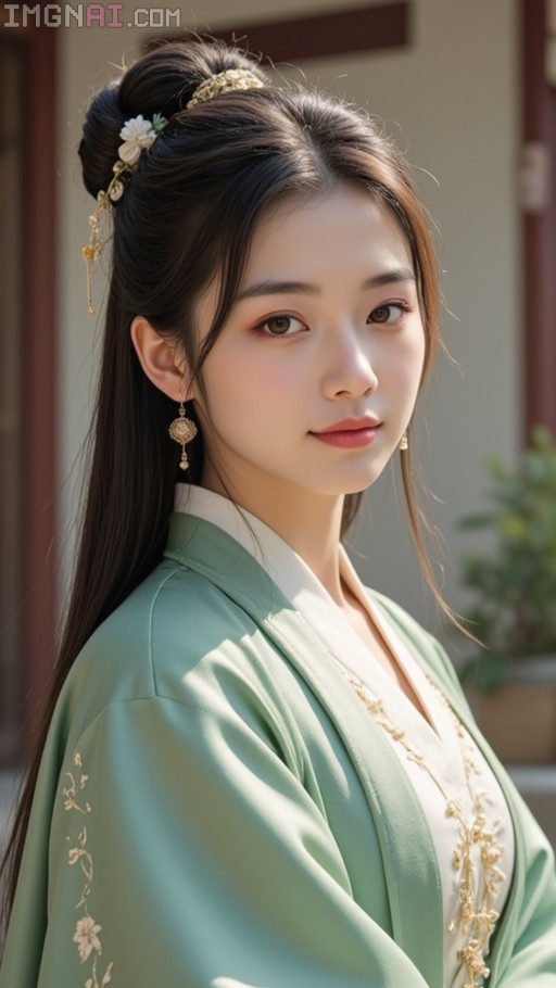 Portrait of Xiao Qingxuan in pale jade Song Dynasty Hanfu with floral hair ornaments.