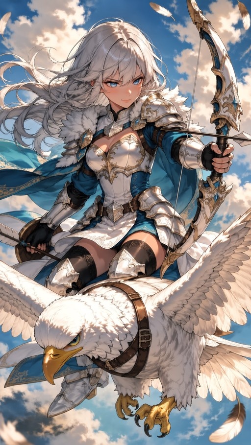 Anime-style illustration of a silver-haired female archer in ornate blue and silver armor riding a large white eagle through a cloudy sky while aiming her bow.