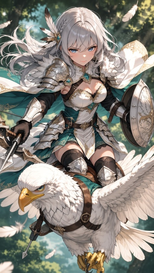 Anime style illustration of a silver-haired female knight in silver and teal armor riding a large white eagle with spread wings through a forest.
