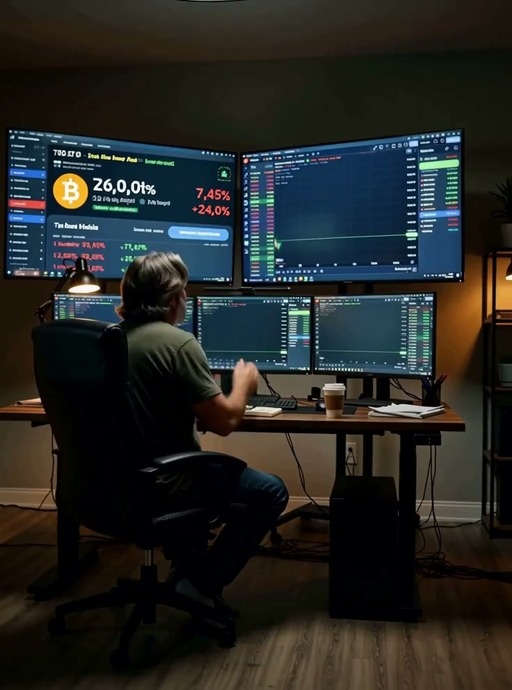 A man sits at a desk with multiple monitors showing financial charts and a Bitcoin logo, holding his hands together in a pleading gesture.