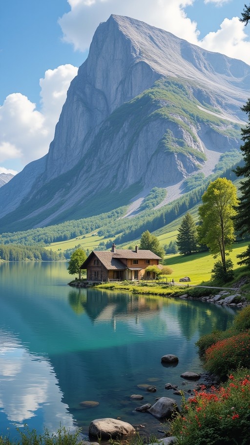 A rustic wooden cabin sits on the shore of a calm turquoise lake, reflecting against the water, with a massive rocky mountain rising in the background under a blue sky.