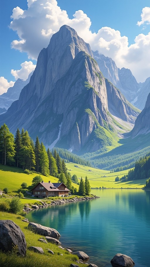A pixel art style landscape showing a wooden cabin on the shore of a turquoise lake with large mountains in the background.