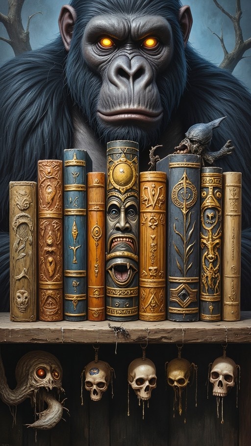 A large dark-furred gorilla with glowing yellow eyes stands behind a shelf of ornate magical books and hanging skulls in a misty forest setting.