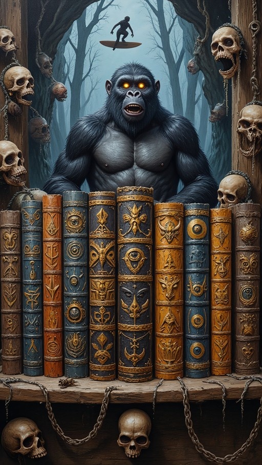 A muscular black ape with glowing orange eyes stands behind a shelf of ornate books, framed by hanging skulls in a misty forest with a surfer in the sky.