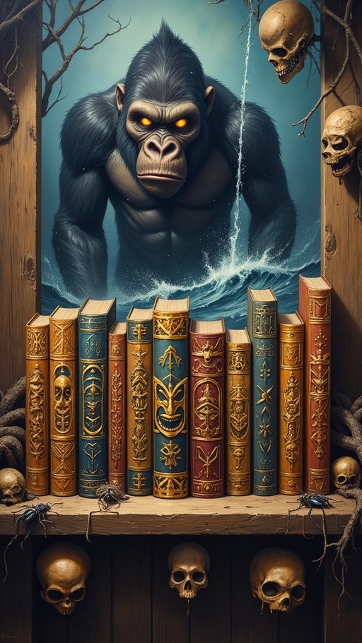 A muscular ape with glowing orange eyes emerges from splashing water behind a wooden shelf filled with ornate antique books and surrounded by hanging skulls and crawling beetles.