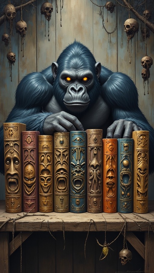 A blue-furred gorilla with glowing yellow eyes rests its hands on a row of colorful, intricately carved books featuring faces on their spines, set against a backdrop of hanging skulls and a wooden wall.