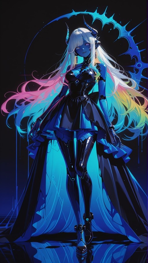 Full body portrait of a blue-skinned anime girl with rainbow hair, horns, and mechanical legs wearing a black dress.