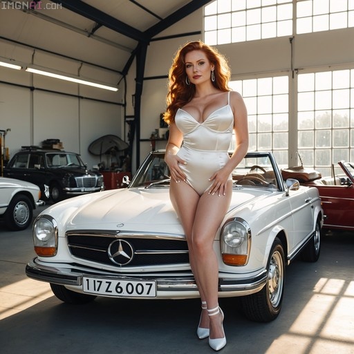 A redhead woman with long wavy hair wearing a white satin bodysuit and high heels leans against the hood of a classic white Mercedes-Benz convertible in a sunlit garage.