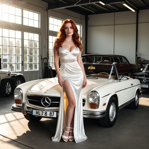 A red-haired woman in a white satin dress with a high slit poses next to a white classic Mercedes-Benz convertible in a sunlit garage.