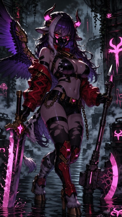 Dark-skinned monster girl with cow ears and purple wings holding a sword and axe in neon ruins.