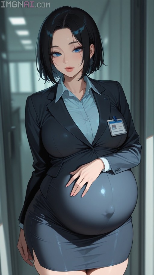 Anime style pregnant woman with short black hair and blue eyes wearing a business suit and grey pencil skirt with an ID badge, resting her hand on her baby bump in an office hallway.