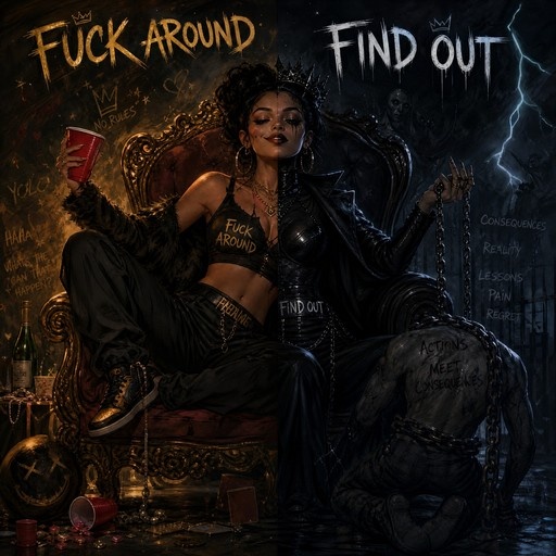 A split-screen illustration of a dark-skinned woman on an ornate throne; the left side shows her relaxed in warm lighting holding a red cup, while the right side depicts her stern in black leather holding chains over a kneeling man in cold blue light.