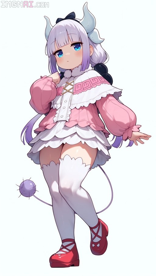 Full-body illustration of Kanna Kamui from Miss Kobayashi's Dragon Maid wearing a frilly pink dress and red shoes, featuring her signature white horns and spiky-tipped tail against a plain background.