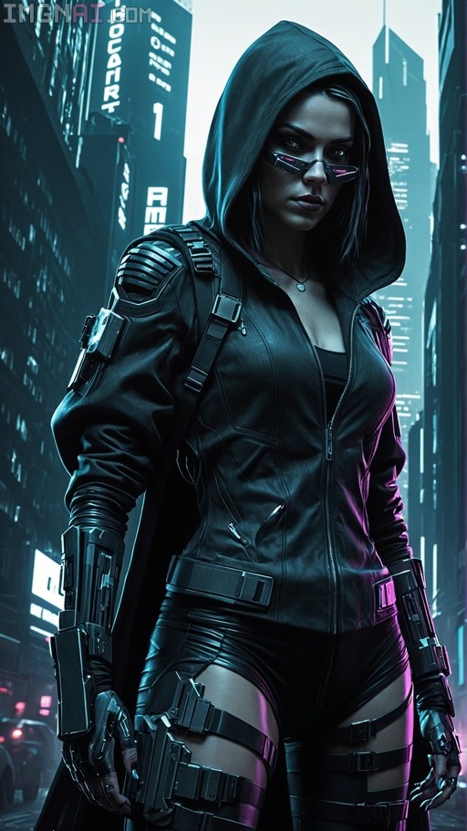 A female cyborg mercenary in a black hooded jacket and tactical gear stands in a neon-lit cyberpunk city street, holding a futuristic weapon.