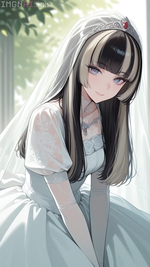 Juufuutei Raden from Blue Archive wearing a white wedding dress and veil with a tiara.