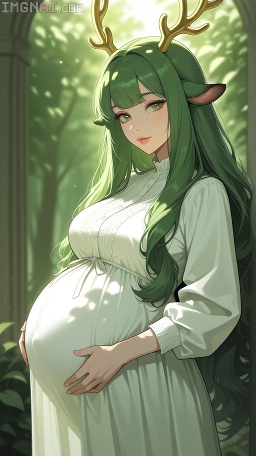 A pregnant anime-style woman with long green hair and golden deer antlers stands in a sunlit forest wearing a white dress and holding her belly.
