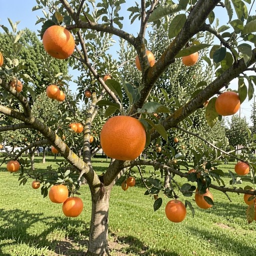 Close-up view of large, bright orange fruits hanging from the branches of a leafy tree in a sunny outdoor setting.