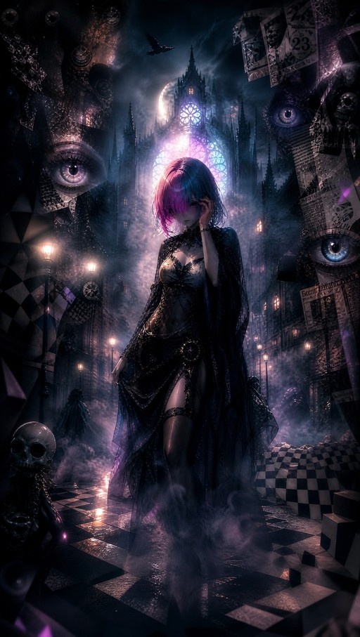 A gothic woman with two-toned pink and blue hair stands on a checkered floor in a foggy night scene surrounded by floating eyes, skulls, and a glowing cathedral.
