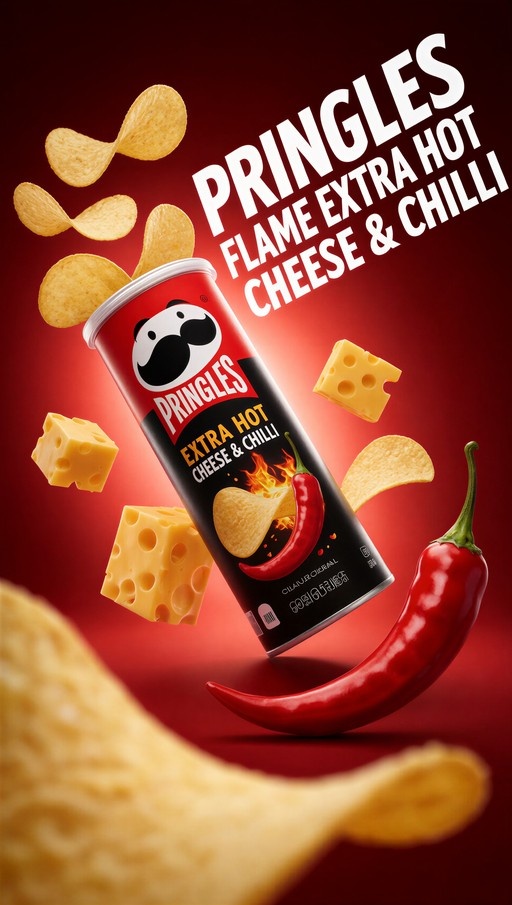 A tilted can of Pringles Extra Hot Cheese & Chilli chips against a red background with floating potato chips, cheese cubes, and a large red chili pepper.