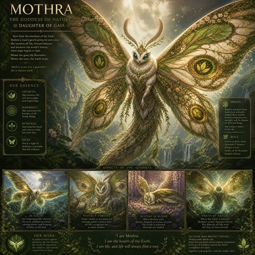 A majestic moth deity with large green and gold wings featuring leaf patterns, blue eyes, and antennae, set against a lush mountain backdrop with text panels describing her as the Goddess of Nature.