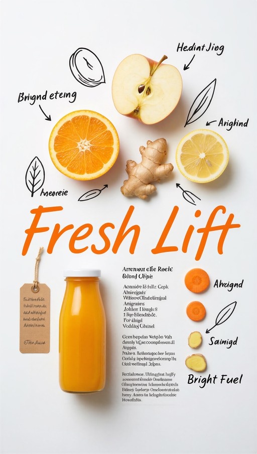 A flat-lay digital illustration of a glass bottle filled with orange juice labeled "Fresh Lift", surrounded by sliced oranges, apples, lemons, ginger, and carrots on a white background.