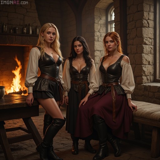 Three women in leather bodices and boots pose inside a stone-walled great hall near a fireplace.