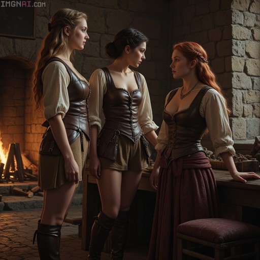 Three women in 16th-century style leather bodices and skirts standing near a fireplace in a stone hall.