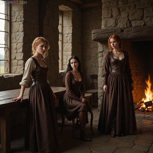 Three women in brown medieval dresses standing and sitting in a stone hall near a fireplace.