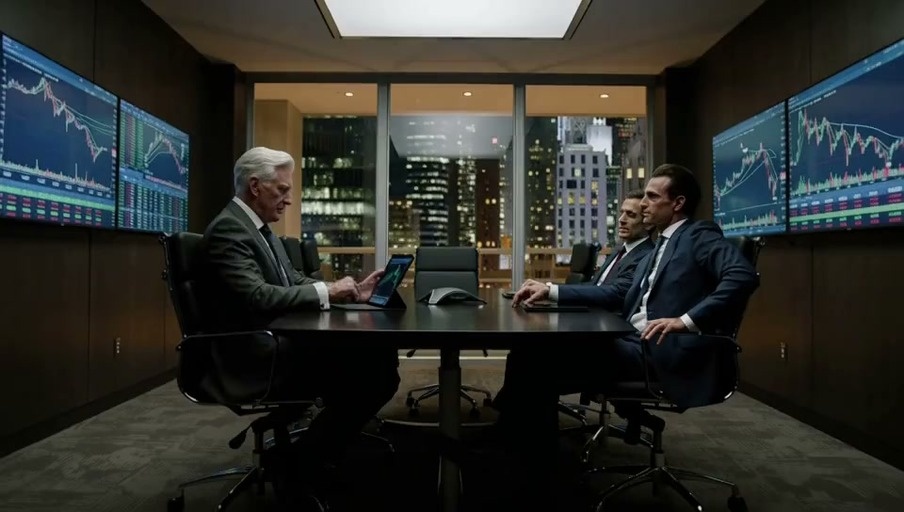Three men in suits sitting at a conference table with large screens displaying stock market graphs behind them.