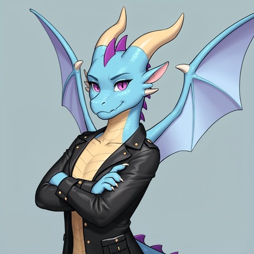 A blue-skinned female dragon with large horns and purple eyes stands with her arms crossed, wearing a black leather jacket against a light background.
