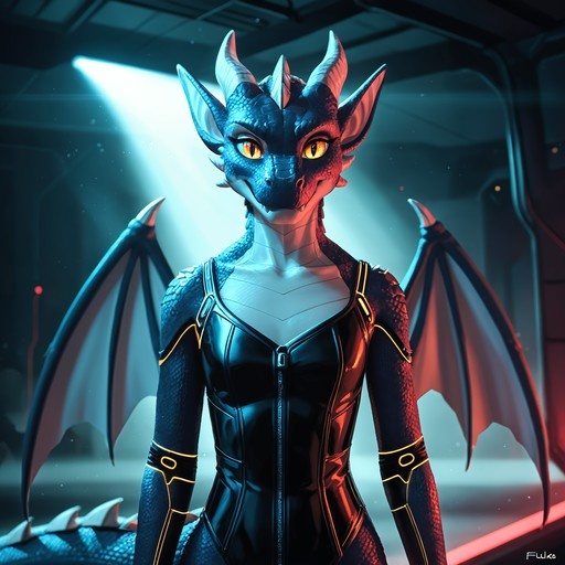 Blue-scaled dragon girl with large wings and a black bodysuit standing under dramatic red and blue lights.