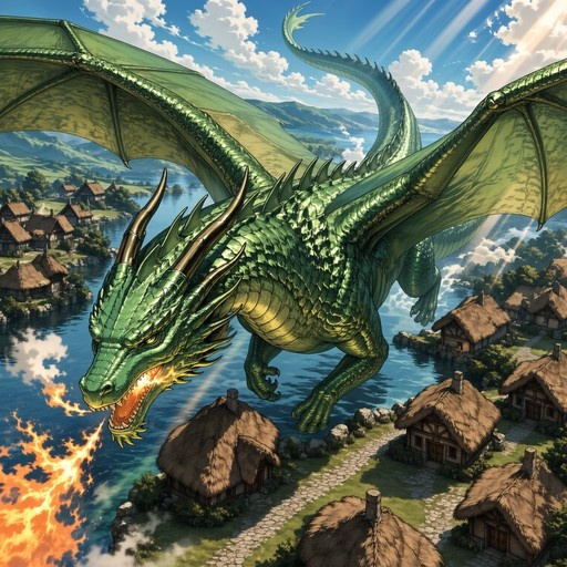 A large green dragon with golden horns flies over a lakeside village, breathing a stream of orange fire into the blue sky.